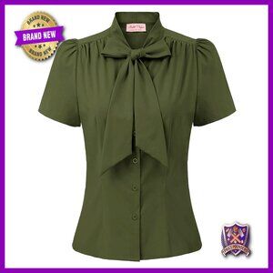 Short Sleeve Button Down Blouse with Bow Tie Office Tunic Top